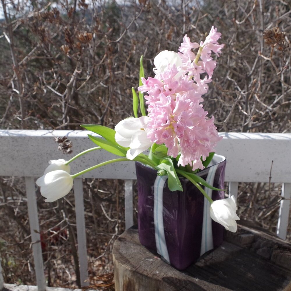 Hand Blown Murano Glass Purple & White Blue Stripe Vase